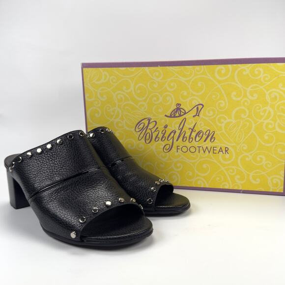 NIB Brighton Tap Black Leather Slip On Open Toe Heeled Mules Women's Size 7.5 - Picture 1 of 12